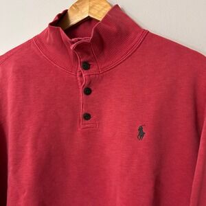 Polo Ralph Lauren Double Knit Red Mockneck Pullover Sweatshirt 1/2 Button Pony